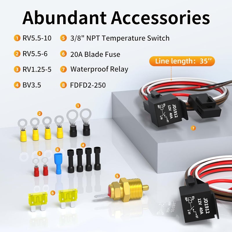 Joinfworld Dual Electric Fan Relay Kit Radiator Cooling Fan Thermostat Kit, 185°F On/175°F Off Temperature Switch, 40 AMP Waterproof Relay with Fan Mounting Kit for Car - Image 5